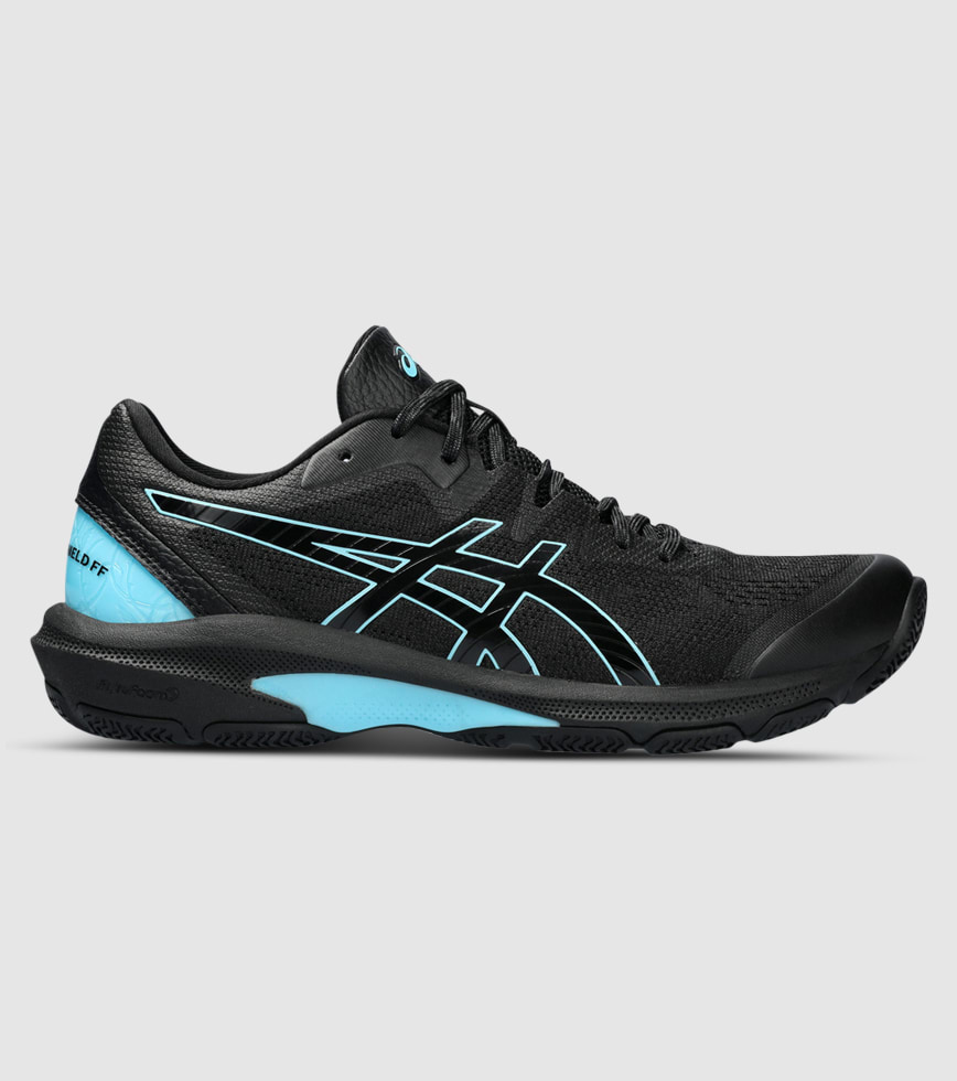 ASICS NETBURNER SHIELD WOMENS NETBALL SHOES BLACK BRIGHT CYAN The Athlete s Foot