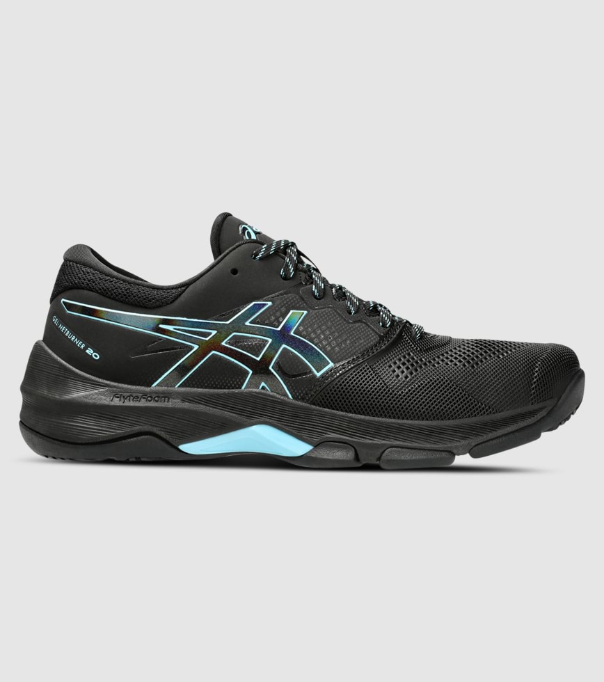 ASICS GEL NETBURNER 20 D WIDE WOMENS NETBALL SHOES BLACK BRIGHT CYAN The Athlete s Foot