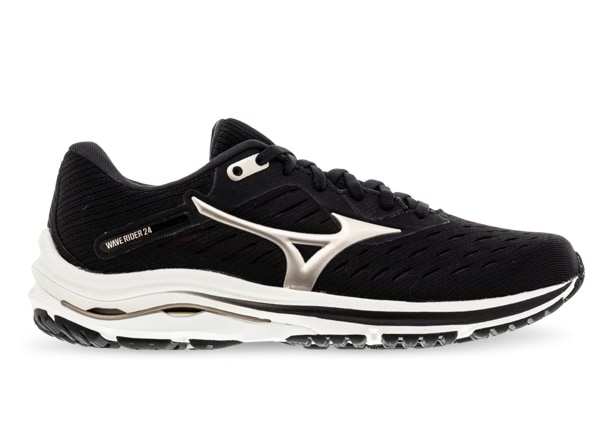 MIZUNO WAVE RIDER 24 WOMENS BLACK PLATINUM GOLD FUDGE The Athlete s Foot
