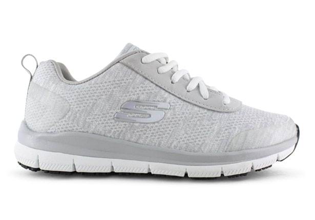 grey and white skechers