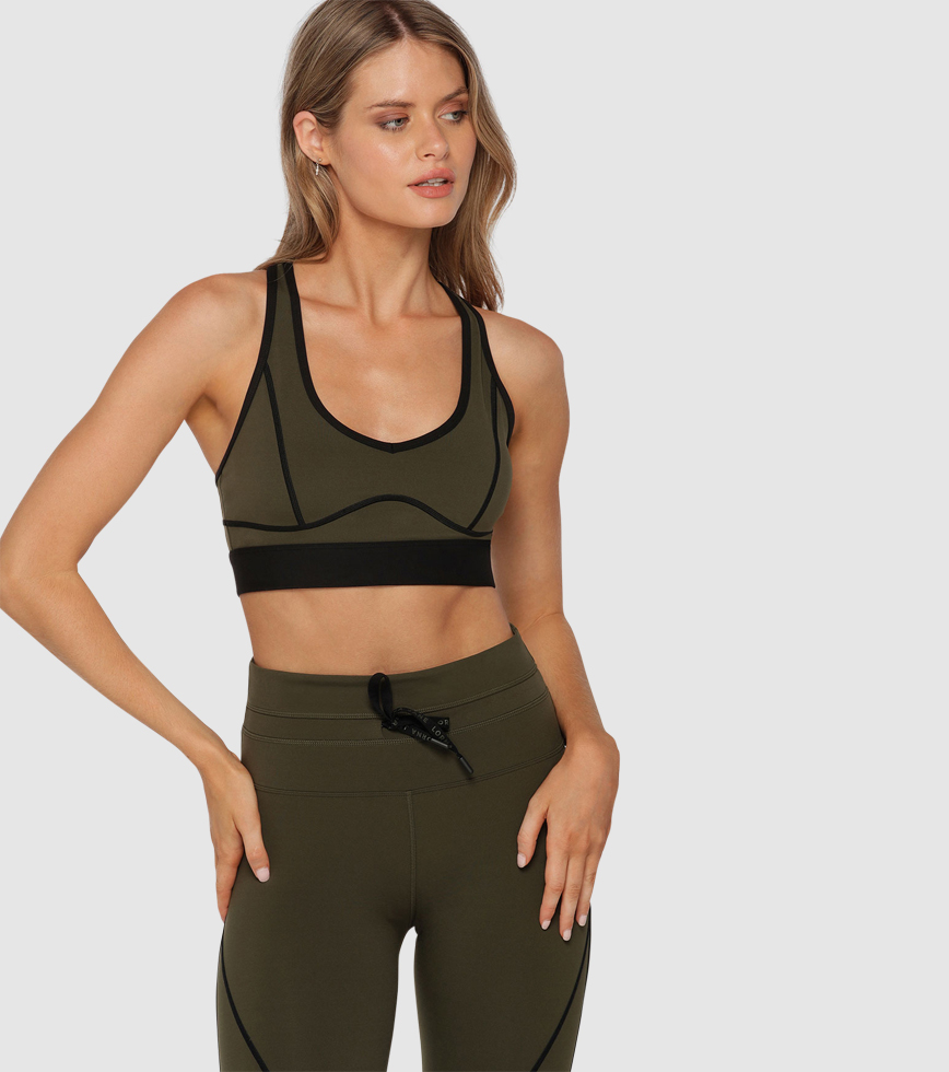 LORNA JANE CONTRAST RACER SPORTS BRA WOMENS LUXURY GREEN The