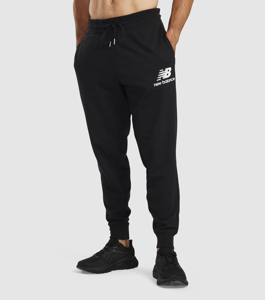 NEW BALANCE ESSENTIALS STACKED LOGO SWEATPANT MENS BLACK | The Athlete\'s  Foot