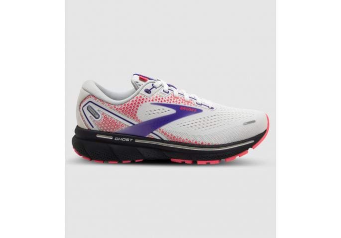 BROOKS GHOST 14 WOMENS WHITE PURPLE CORAL | The Athlete's Foot