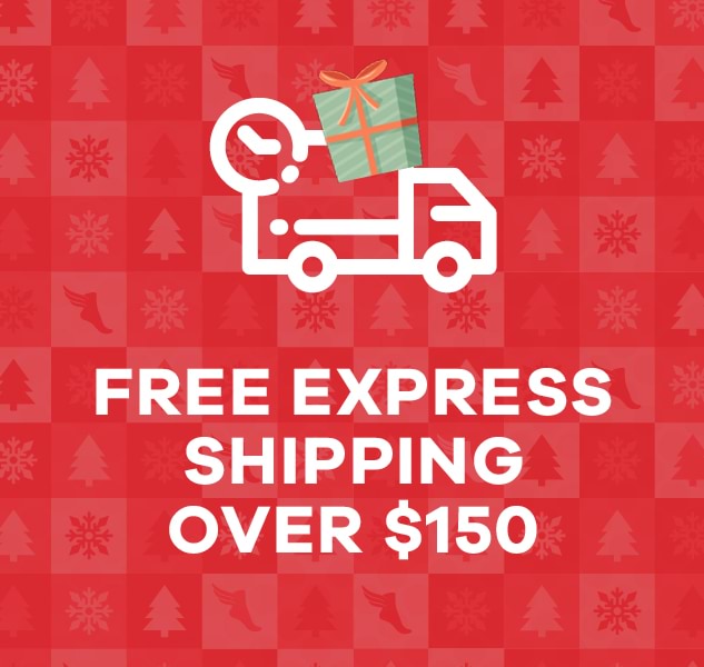 Red Christmas banner, says Free express shipping over $150